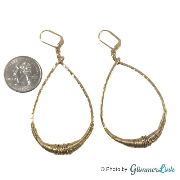 Double Happiness Wire Wrapped Hammered Teardrop Gold Tone Earrings - Picture 6 of 8